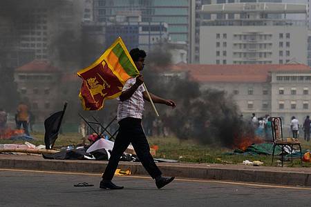 Ein Unterstützer der srilankischen Regierung trägt eine Nationalfahne.