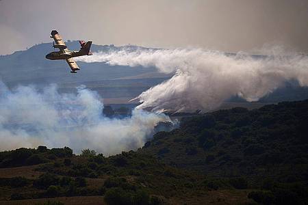 Ein Löschflugzeug wirft ein Feuerschutzmittel auf ein brennendes Gebiet ab.