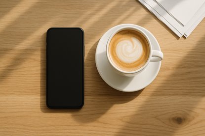 Smartphone und Kaffee auf Holztisch